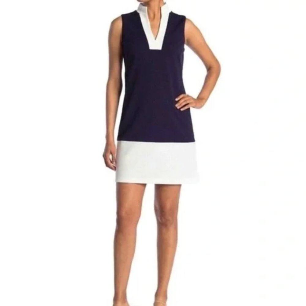 SAIL TO SABLE navy white Colorblock Poplin Sleeveless Cotton Shift Dress